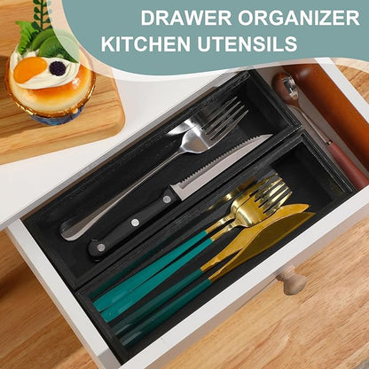 Uiifan 6 Pcs 10 x 3 x 2'' Bamboo Drawer Organizer Black Stackable Utensil Silverware Holder Wooden Tray Drawer Dividers Boxes Spoon Storage Organizer for Kitchen Office Bathroom Cabinet Jewelry
