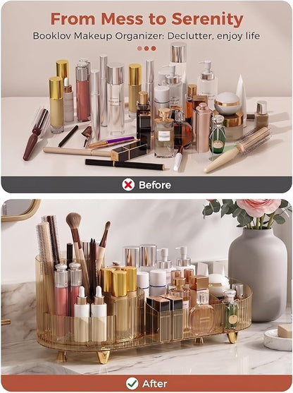 Booklov Rotating Makeup Organizer for Vanity, Large Capacity Cosmetic Display Case, Clear Acrylic Countertop Beauty Storage Holder for Skincare, Brush Eyeshadow Lipstick, Counter Desk, Crystal Amber