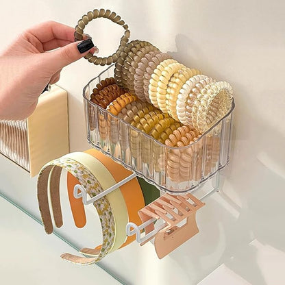 Adhesive Clear Hanging Headband Organizer Wall, Makeup Storage Box with Brackets Rack Caddy for Hair Headband Jewelry Clips Pins Rings