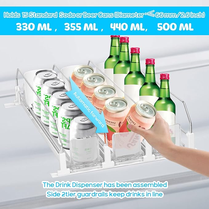 Longzhuo Drink Organizer for Fridge,Automatic Smooth Pusher Glide Fridge Organizer, Soda Dispenser with Width Adjustable, Beverage Organizer for Freezers, Supermarkets, Retail Stores