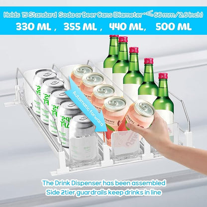 Longzhuo Drink Organizer for Fridge,Automatic Smooth Pusher Glide Fridge Organizer, Soda Dispenser with Width Adjustable, Beverage Organizer for Freezers, Supermarkets, Retail Stores