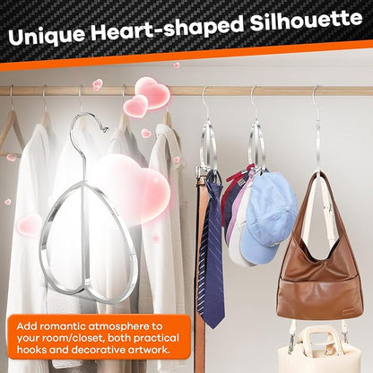Love Shape Multipurpose Closet Hangers-Tie and Belt Hanger for Closet- Ideal for Storing Belts, Ties, Scarfs, Baseball Hats, Purses & More- Great Space Saving Belt Organizer for Wardrobe - Silvery