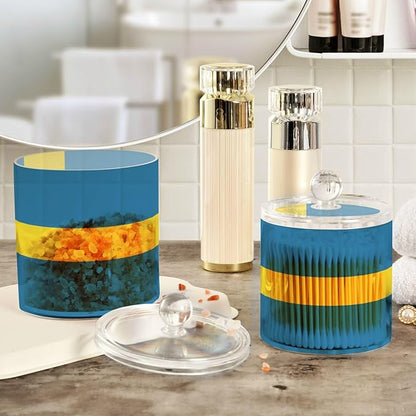 DOMIKING Sweden Flag 2 Pack Bathroom Canisters Cotton Swab Holder Dispenser Plastic Cotton Ball Jar Acrylic Storage Containers for Cotton Ball Cotton Swab Cotton Round Pads