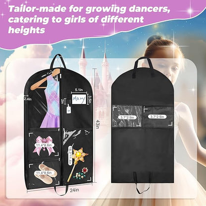 Sishynio Garment Bag, 43 Inch Black Garment-Bags for Hanging Clothes, Clear Waterproof Garment Bags with 5 Pockets, Dance Garment Bags, Kids Garment Bag for Dance Competitions Sports Suit Travel