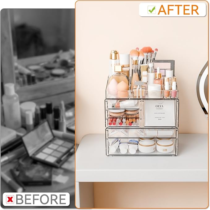 Yieach Acrylic Make up Organizers for Counter,Desk and Vanity,3 Pack Stackable Bathroom Counter Organizer with Drawers,Large Clear Makeup Organizers and Storage for Skincare,Cosmetic,Beauty Products