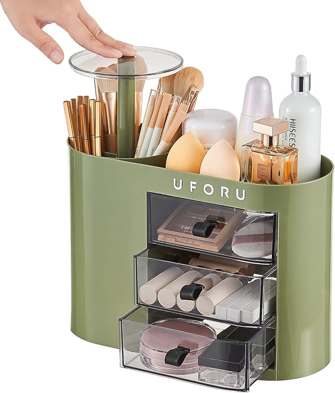 UFORU Makeup Organizer with Pop-Up Brush Holder for Dresser Vanity, Plastic Bathroom Counter Organizer with 3 Drawers & Dust-Proof Cover, Cosmetic Display Case for Lipstick, Skincare, Vintage Green