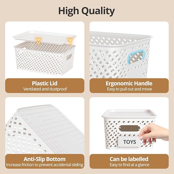 Plastic Storage Bins with Lid, Stackable Small Box Basket for Organizing and Containers for Shelves Drawers Desktop Closet Playroom Pantry Classroom Office Home, 8-pack 10.2x7.2x4.1 Inch, White