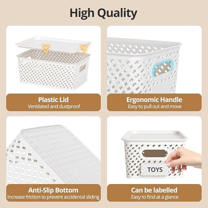 Plastic Storage Bins with Lid, Stackable Small Box Basket for Organizing and Containers for Shelves Drawers Desktop Closet Playroom Pantry Classroom Office Home, 8-pack 10.2x7.2x4.1 Inch, White