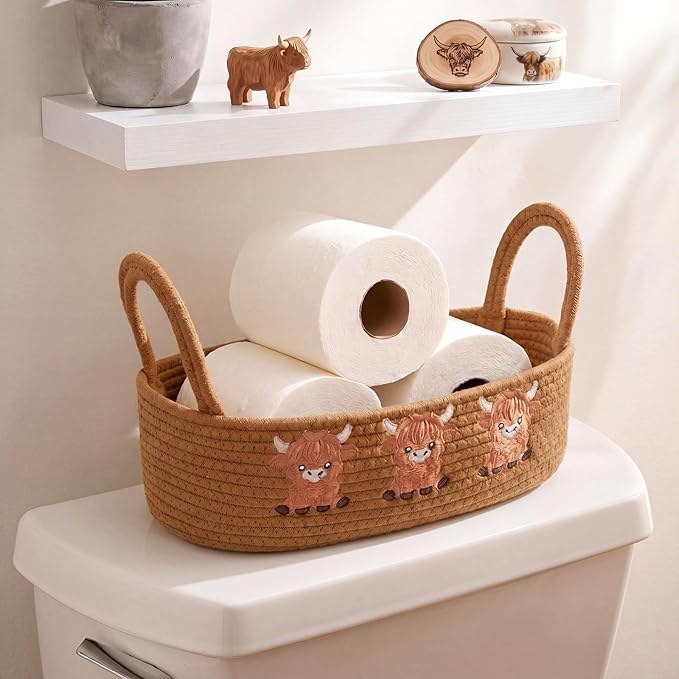 Vesici Highland Cow Storage Basket for Toilet Tank Top Farmhouse Woven Cotton Rope Bathroom Countertop Organizer Basket with Handle Highland Bathroom Decor for Christmas, 13 x 6 x 4 Inch
