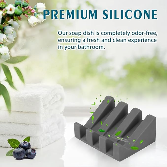 Self Draining Silicone Soap Dish with Suction Cups - Non-Slip Bar Soap Holder for Shower & Kitchen, Waterfall Tray Keeps Soap Dry, Easy Clean, Extends Soap Life (Gray, 1 Pack)