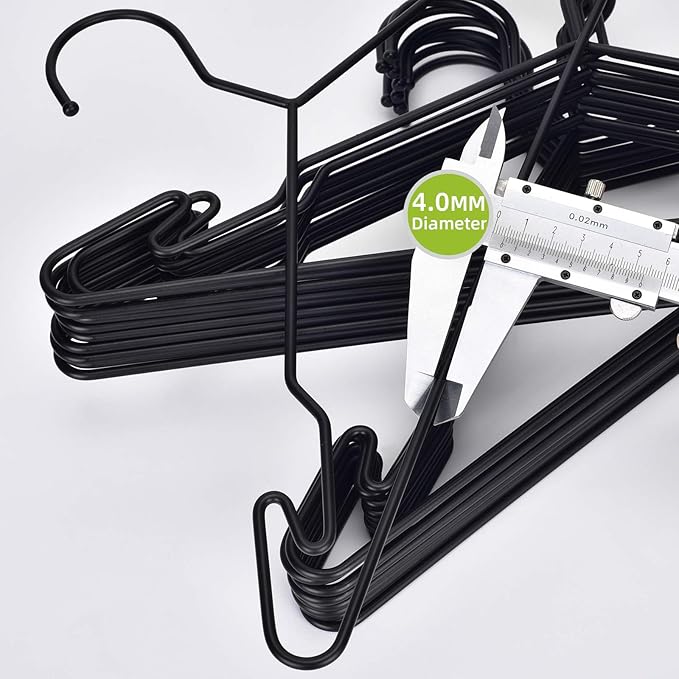 Heavy Duty Metal Hangers with Unique Hook Design Durable & Sturdy Coat Hangers 4mm Thick Withstands 25lbs Weight Smooth Powder Coated Finish Compact Shirt Hangers - 20 Pack Black