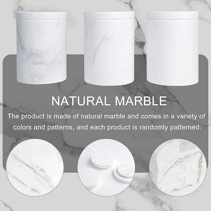 Marble Canister with Lid Natural Qtip Holder for Cotton Swabs, Balls, Pads, Floss Picks, Bath Salts - Vanity Makeup Storage Organizer Bathroom Essentials Accessories Decor White (DL011)