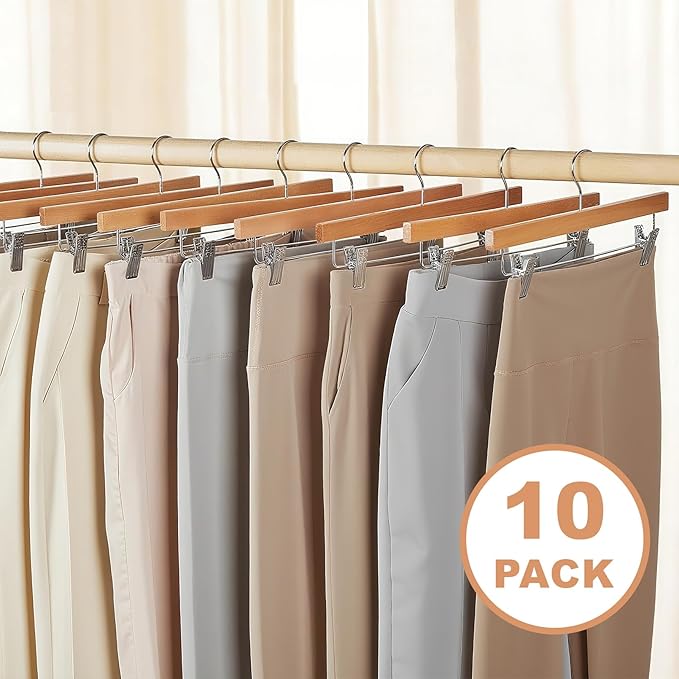 10 Pack Pants Hangers, Wood Clothes Hangers with 2-Adjustable Clips, Solid Wood Skirt Hanger, 360° Swivel Hook, Wooden Hanger for Jeans Shorts Slacks Skirts Trousers, Natural