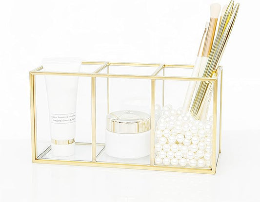 JIARI Gold 3-Compartment Desktop Organizer, Transparent Glass Makeup Brush Holder, 7.08x3.54x2.75 Inches Storage for Home Office and School Items (Gold-3 Slot)