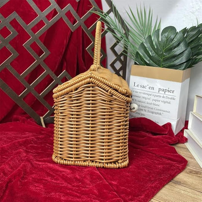 Rattan House Shape Storage Basket with Lid, Small Doll House, Decorative Hand Woven Shelf Organizer with Handle, Natural Harvest Wicker Basket for Picnics, Organizing, Storage (B, 1)