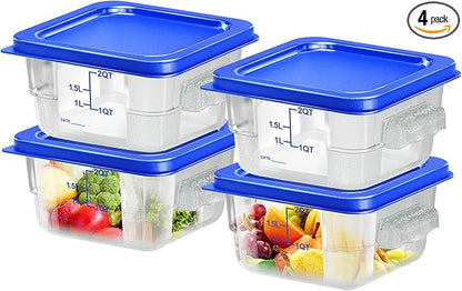 4 pcs 2qt Food Storage Containers with Lid, Square Clear Commercial Food Storage Containers with Handle and Scale for Food Storage in Home Kitchen & Dining (Blue)
