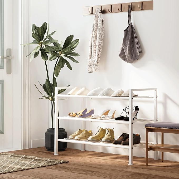 3-Tier Metal Shoe Rack, Sturdy Floor-Mounted Storage Organizer for Closet Entryway Garage Dorm Room, Easy Assembly Multi-Purpose Shelf, White