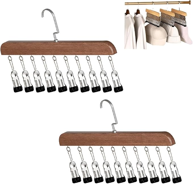 Pants Hangers with 10 Clips,Space Saving Cap Organizer for Closet,Wooden Legging Hangers 2 Pack,360° Rotating Hanging Closet Organizer for Pants, Skirts and Socks Storage(Set of 2,Vintage)
