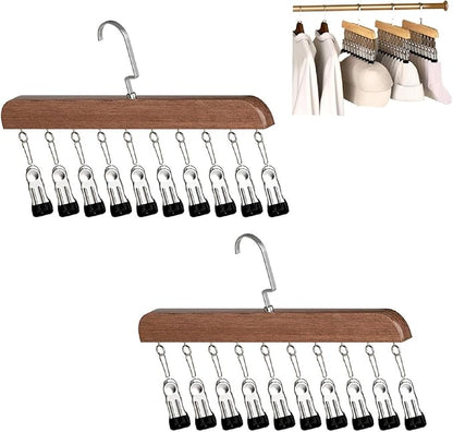 Pants Hangers with 10 Clips,Space Saving Cap Organizer for Closet,Wooden Legging Hangers 2 Pack,360° Rotating Hanging Closet Organizer for Pants, Skirts and Socks Storage(Set of 2,Vintage)