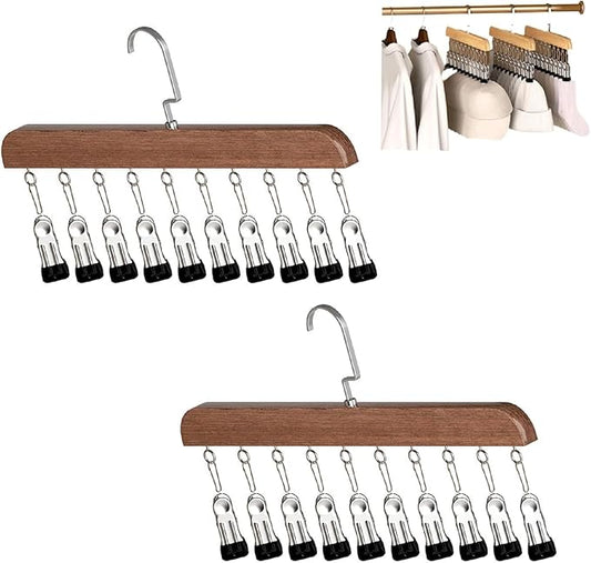 Pants Hangers with 10 Clips,Space Saving Cap Organizer for Closet,Wooden Legging Hangers 2 Pack,360° Rotating Hanging Closet Organizer for Pants, Skirts and Socks Storage(Set of 2,Vintage)