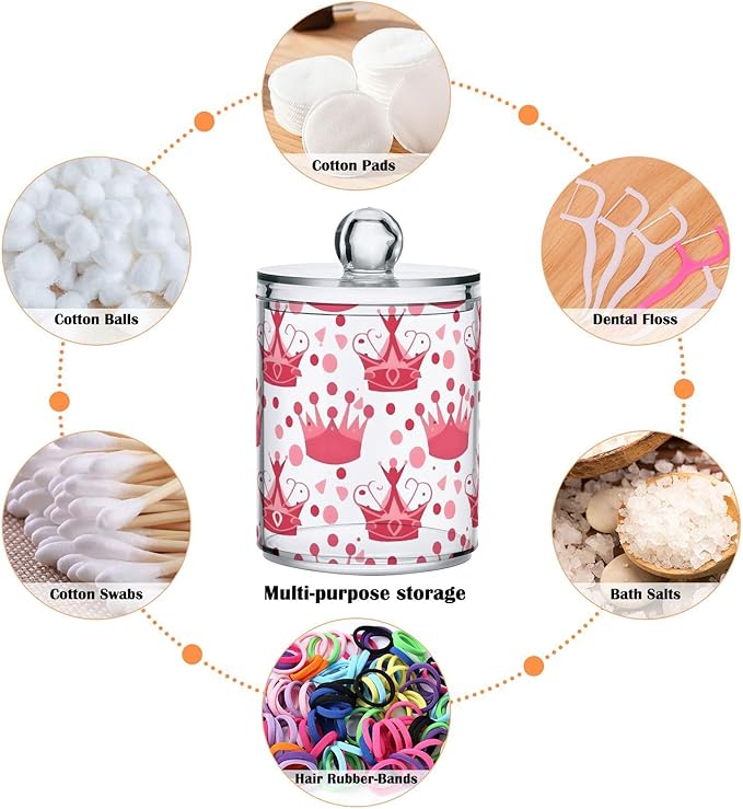 4 Pack Qtip Holder Dispenser Crown Pink Polka Dots Cotton Ball Swab Round Pads Floss Clear Bathroom Storage Containers Plastic Apothecary Jars with Lids