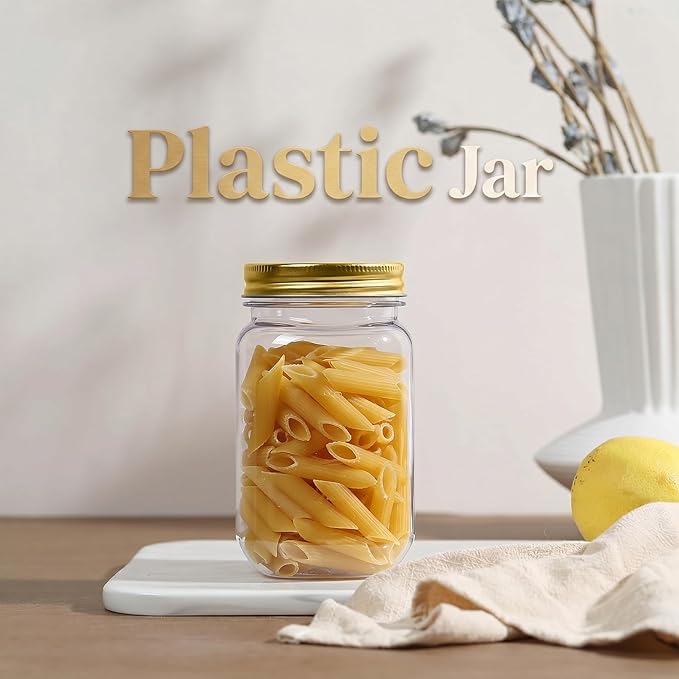 novelinks 16 oz Clear Plastic Jars with Lids, Refillable 16oz Mason Jars with Lids & Storage Containers for Kitchen & Household Use (15 Pack,Gold)