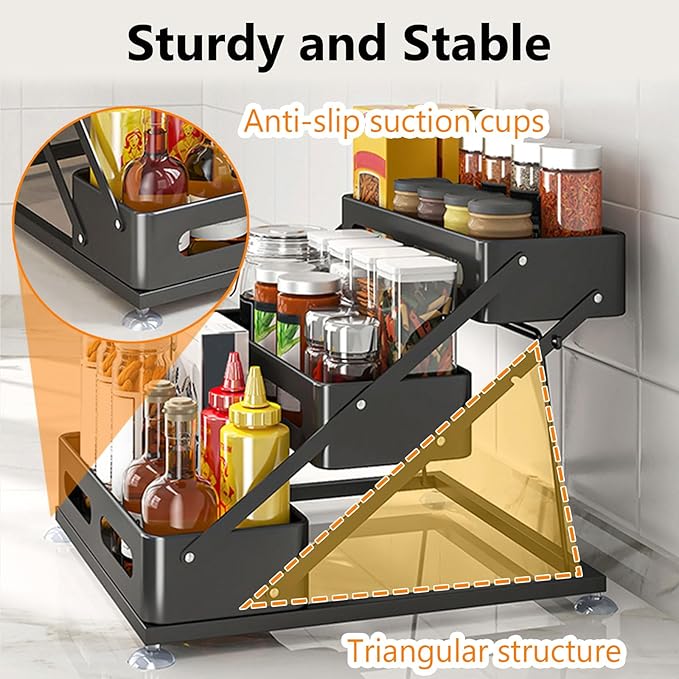 Ceetug 3 Tier Foldable Spice Rack for Countertop Iron Kitchen Seasoning Organizer for Cabinet, Black