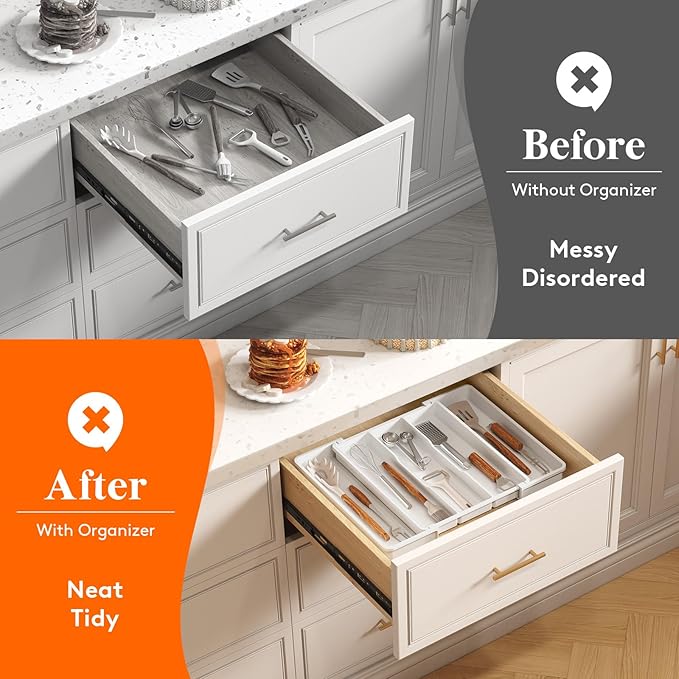 Lifewit Utensil Organizer for Kitchen Drawers, Expandable Cooking Utensil Tray, Adjustable Cutlery Silverware Flatware Holder, Plastic Spatula Tools Storage Divider, 11-18 x 14", White