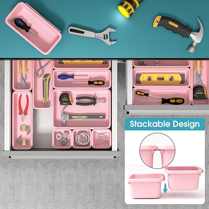 33 PCS Drawer Organizer Set, 4 Size Makeup Drawer Divider Organizer With Non-Slip Pads, Interlocking Plastic Storage Bins for Office,Jewelry Vanity,Gadgets, Bathroom,Kitchen, Pink