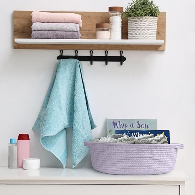 MEGASKET Purple Small Woven Basket, 13” x 9” x 5” Baskets for Gifts Empty, Cotton Rope Gift Basket, Cute Nursery Baby Organizer, Cat Dog Toy Box, Oval Wicker Storage Bin with Handle
