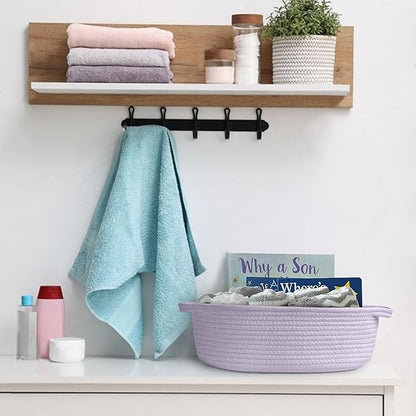 MEGASKET Purple Small Woven Basket, 13” x 9” x 5” Baskets for Gifts Empty, Cotton Rope Gift Basket, Cute Nursery Baby Organizer, Cat Dog Toy Box, Oval Wicker Storage Bin with Handle