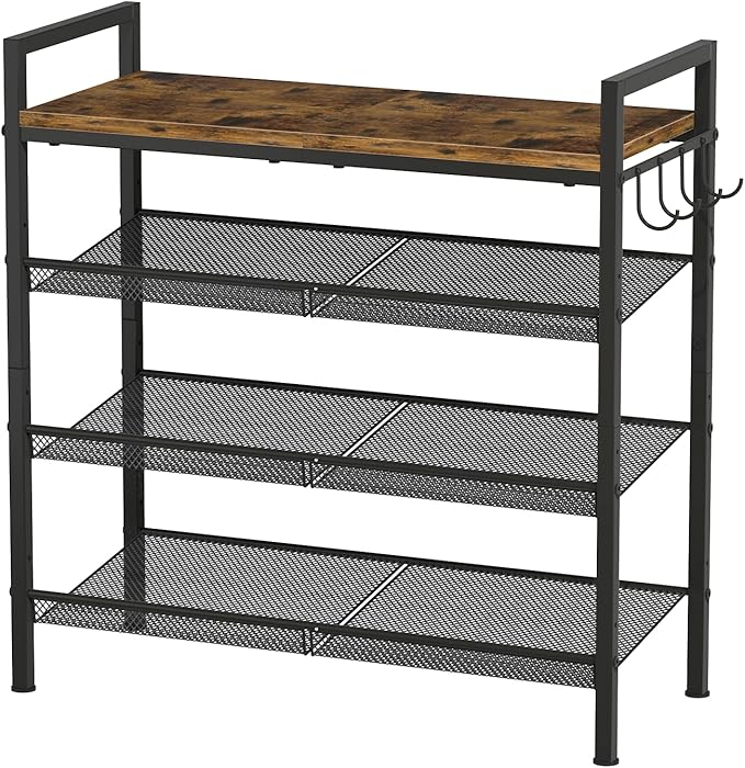 4 Tier Shoe Rack, Shoe Rack for Front Door Entrance with Hook, Steel Frame and Adjustable Mesh Shelves, Metal Shoe Organizer for Entryway, Bedroom, Closet