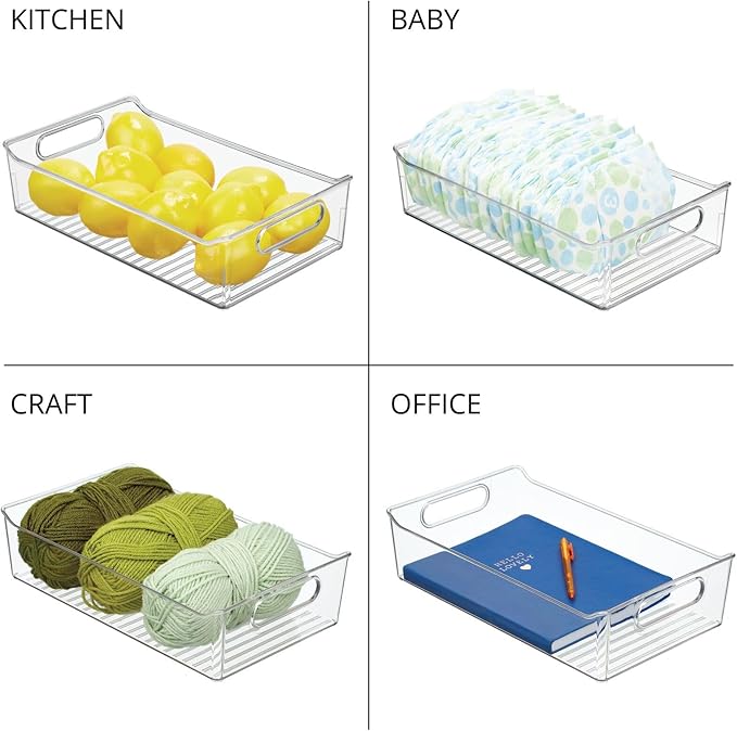mDesign Plastic Kitchen or Pantry Storage Bins with Handles - Organization in Cabinet, Fridge or Freezer - Fruit Container for Refrigerator or Food Organizer for Pasta, Ligne Collection, 2 Pack, Clear