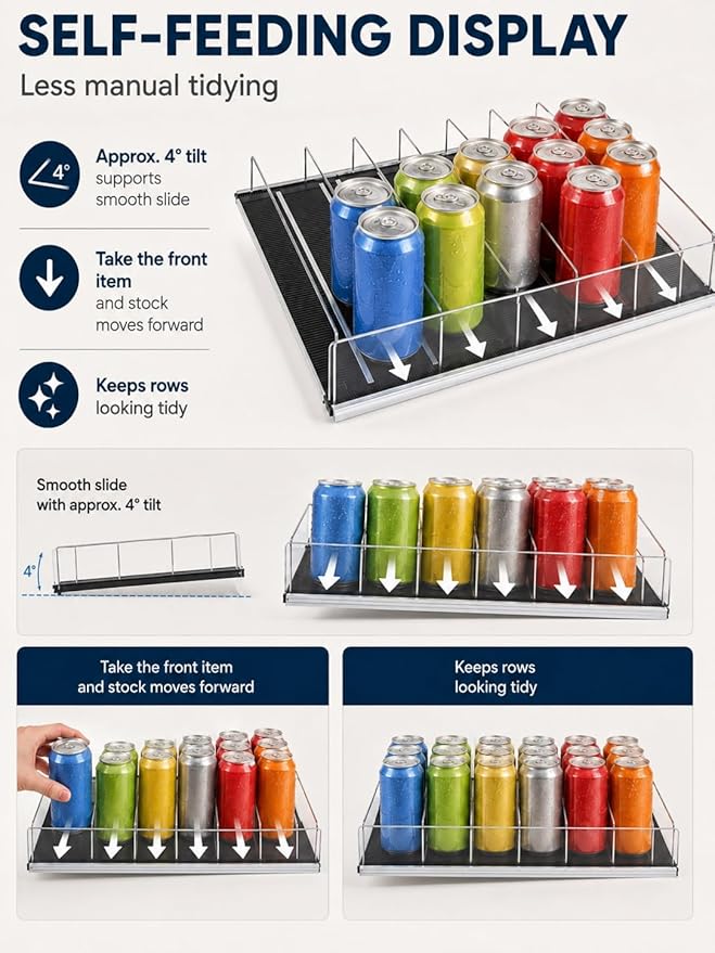 Adjustable Self-Feed Can and Bottle Rack, Flat Tray Organizer for Fridge, Supermarket, Convenience Store and Retail Shelves(580x560 mm)