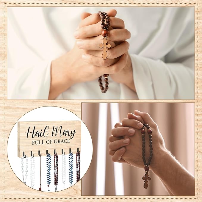 Colingmill Large Wooden Rosary Holder Wall Mounted with 8 Hangers Catholic Rosary Storage Organizer Decorative Hanger Holder for Necklace, Bracelet Prayer Storage (Natural)