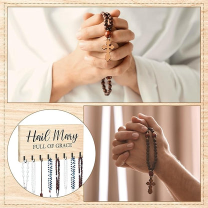 Colingmill Large Wooden Rosary Holder Wall Mounted with 8 Hangers Catholic Rosary Storage Organizer Decorative Hanger Holder for Necklace, Bracelet Prayer Storage (Natural)