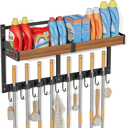 Broom and Mop Organizer Wall Hanging, Broom Holder Wall Mount with Cleaning Supplies Organizer, Broom Hanger Wall Mount with Storage Shelf and Hooks for Laundry Room Garage Kitchen
