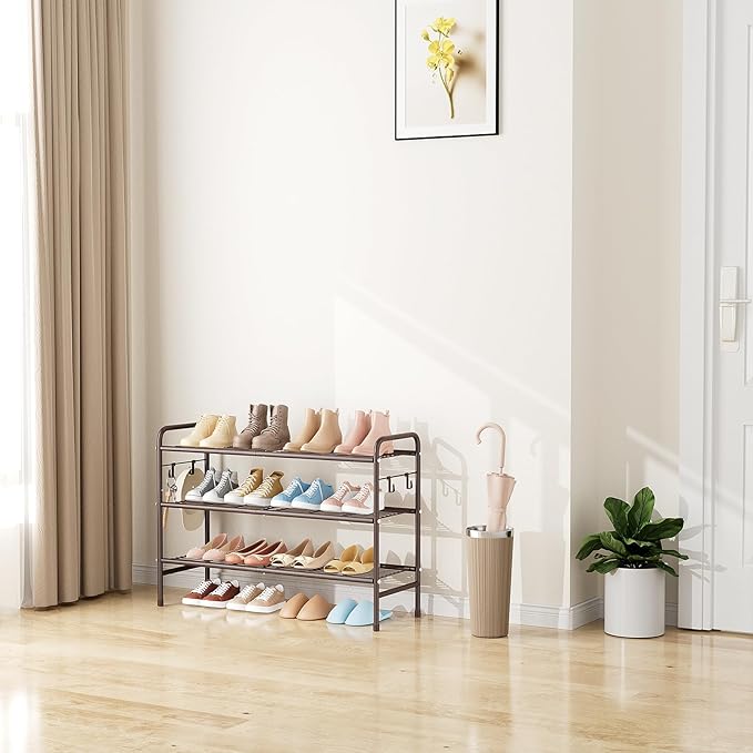 VILICK 3 Tier Shoe Rack 33" Wide Metal Shoe Organizer Long Shoe Storage with 4 Side Hooks Sturdy Shoes Shelf for Front Door Entrance, Closet, Garage, Dorm, Brown
