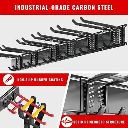 Garage Tool Organizer Wall Mount, Easy to 64inch Install Heavy-Duty Garage Storage System with Adjustable 9 Hooks, Garden Tool Rack for Shovels, Rakes, Yard Tools