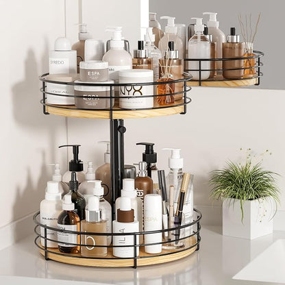 Lazy Susan Spice Rack Organizer Turntable Height Adjustable, 12 Inch Wood Lazy Susan 2 Tier, Rotating Spice Rack Organizer for Cabinet Dining Table Top Kitchen Bathroom Countertop Black