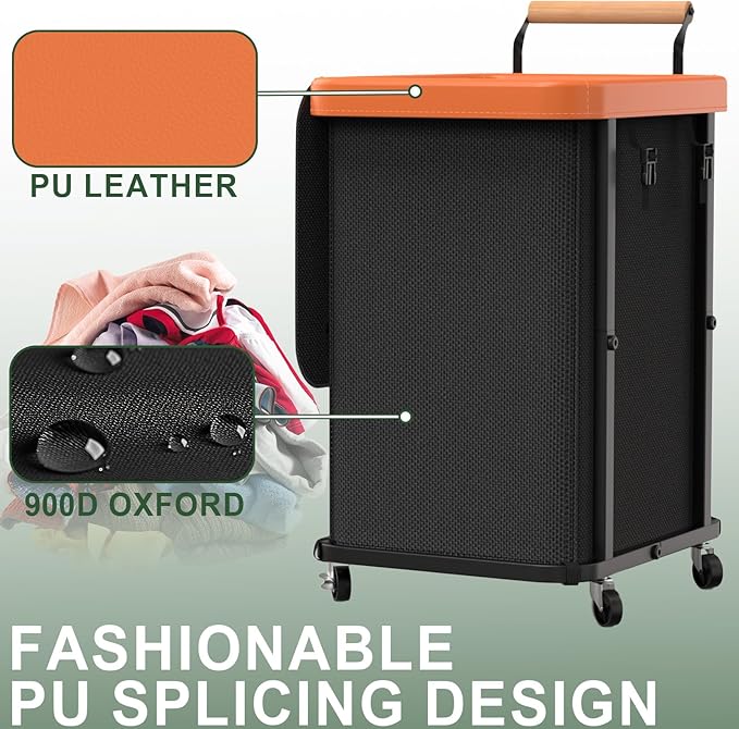 150L (40 Gal) Extra Large Fashion Laundry Basket with Wheels, Rolling Basket Hamper with Handle, Organizer Storage Cart with Sturdy Metal Frame for Laundry Room - Black