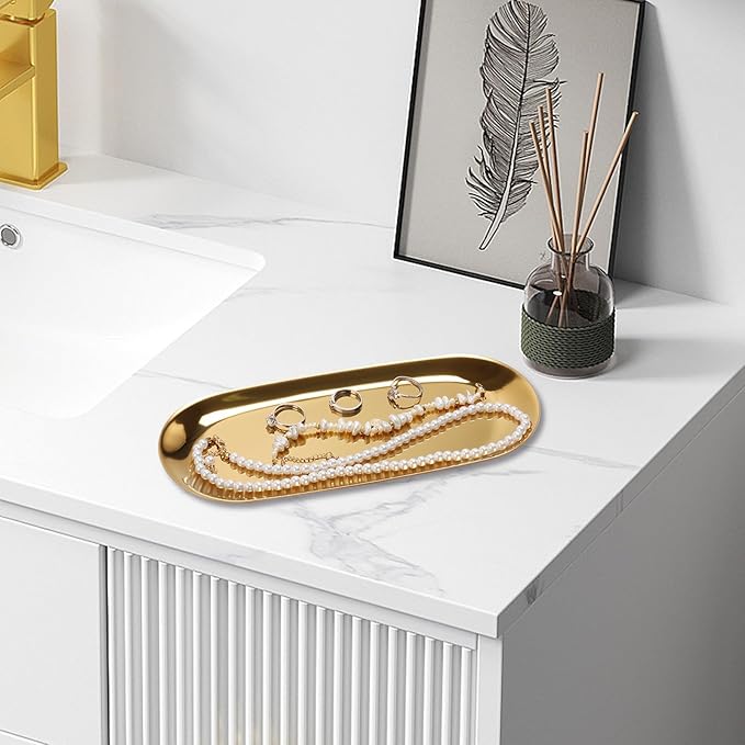 Stainless Steel Towel/ Dish Plate, Tea/ Fruit Storage Trays Cosmetics Jewelry Organizer, Gold, Oval