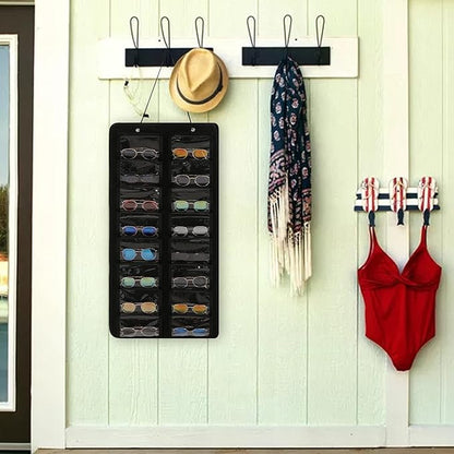 Sunglasses Organizer Storage - 16 Slots Glasses Storage Wall Pocket Display Hanging on Door, Eyewear Display, Dust-Proof (Black, Dust-Proof)