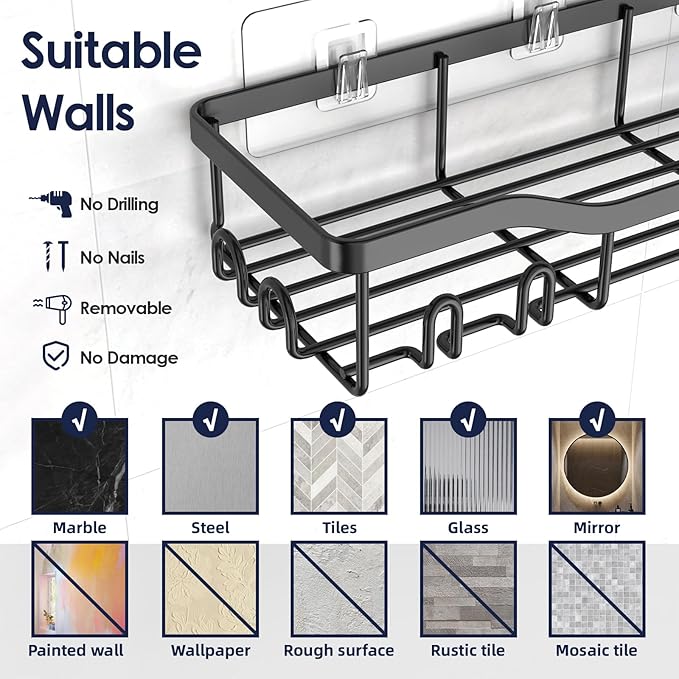 NESOMI Shower Caddy Adhesive Shower Organizer 8-Pack, Rustproof Stainless Steel Bathroom Shelves, Large Capacity No-Drill Rack Storage Accessories with Soap Dish Toothbrush Holder Hooks