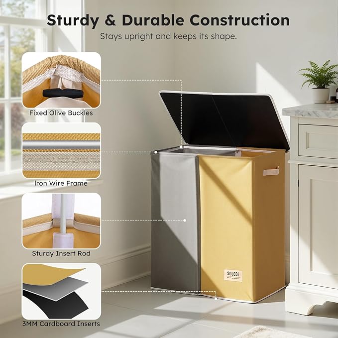 SOLEDI Large Double Laundry Hamper with Lid, Collapsible Clothes Hamper 2 section with Removable Bags, Space-Saving Laundry Basket for Bedroom, Dorm, College