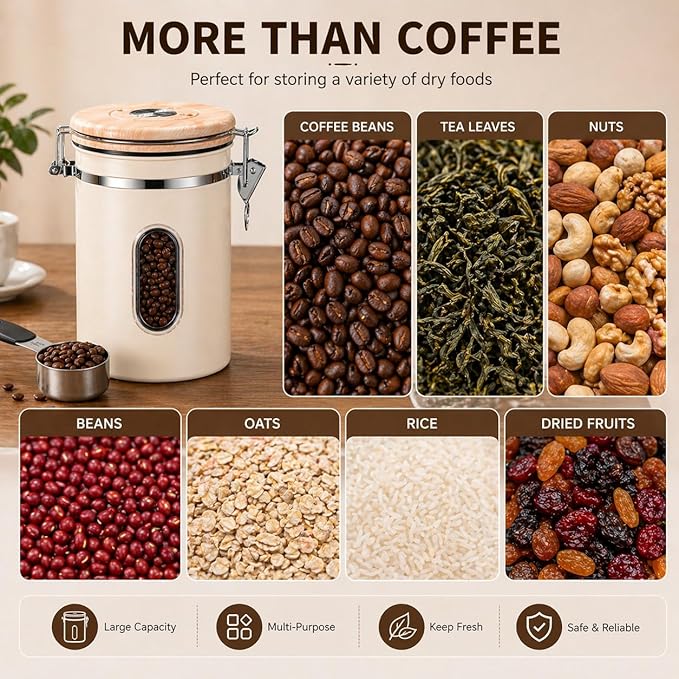 22oz Coffee Canister Airtight Stainless Steel Coffee Bean Storage Container with Date Tracker & Window, One-Way CO2 Valve, Metal Scoop, Kitchen Food Storage Jar for Coffee Beans Tea Sugar Rice