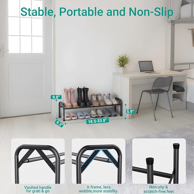 YEASHEIN 1-Tier Expandable Shoe Rack for Closet Floor, Λ-Frame Metal Small Shoe Rack for Entryway, Adjustable Shoe Shelf Organizer, Free Standing Shoe Racks for Front Door Entrance, Garage - Black
