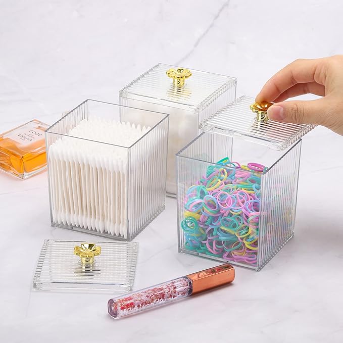 Tecbeauty 3PCS Qtip Holder Bathroom Organizer and Storage Containers Plastic Apothecary Jars Dispenser with Lids for Cotton Swab, Cotton Round Pads, Floss