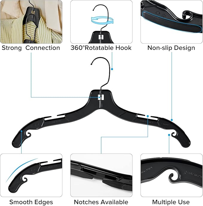 Plastic Hangers with 360 Swivel Metal Hook, Heavy Duty Clothes Hangers, Durable Closet Hangers for Shirt, Coat and Dress (30 Pack, Black)