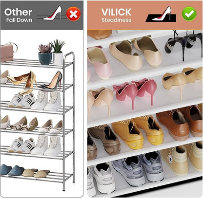 VILICK Shoe Rack for Closet Shoe Organizer Space Saver Storage for 20-25 Pair Shoe Shelf with Hook and Side Pocket Free Standing 5 Tier Shoe Rack Organizer for Entryway,Small Spaces, White